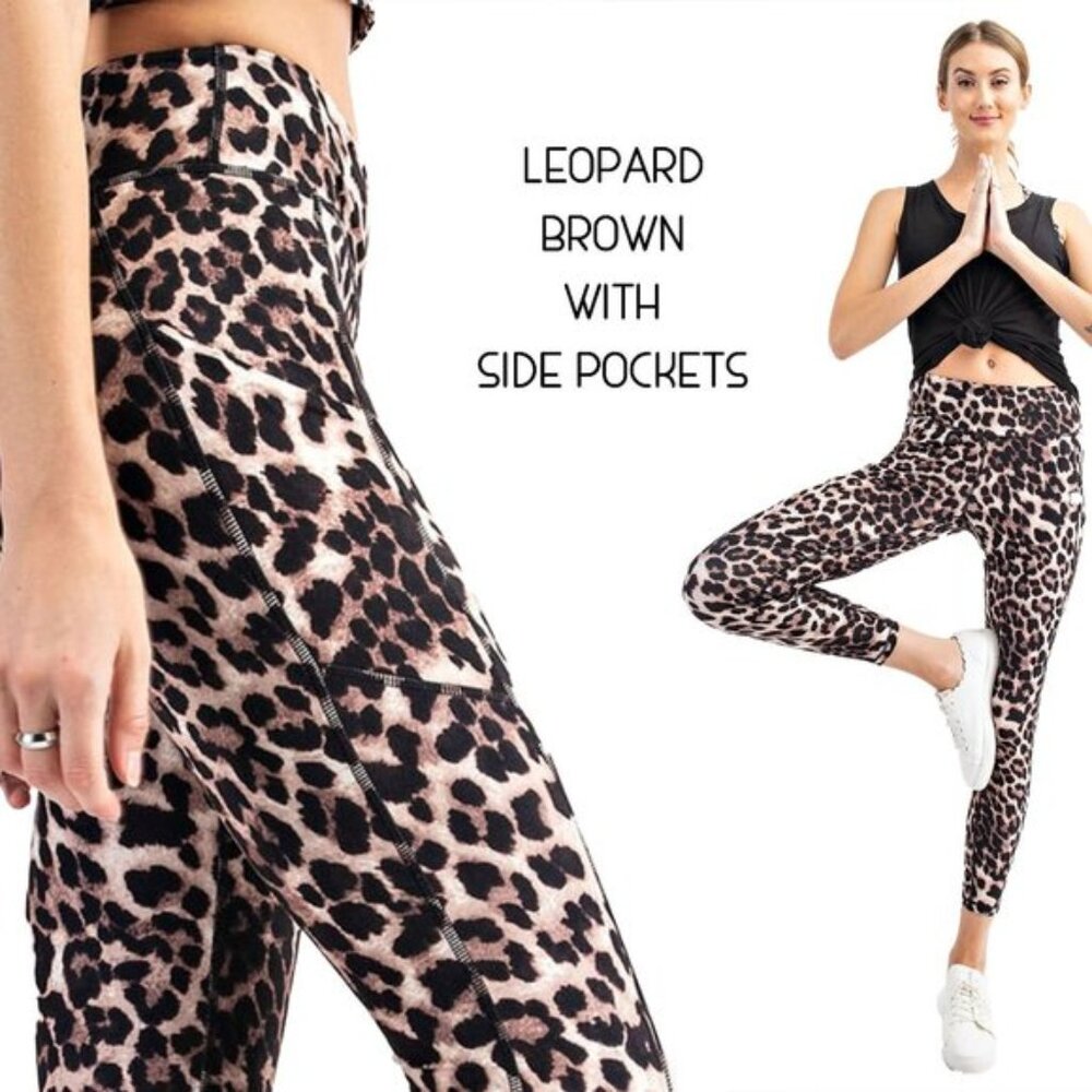 3X Plus Size Womens Side Pocket Leggings, Wide Waisted Yoga Pants, Leopard Print